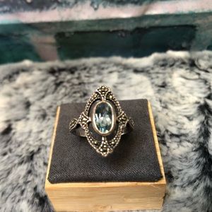 925 Sterling silver Aquamarine and Marcasite Ring